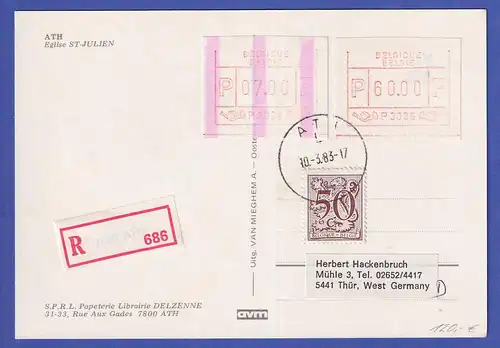 Belgien FRAMA-ATM P3036 mit ENDSTREIFEN auf R-Postkarte ATH vom 10.3.1983
