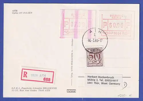 Belgien FRAMA-ATM P3036 mit ENDSTREIFEN auf R-Postkarte ATH , 10.3.1983