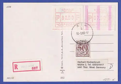 Belgien FRAMA-ATM P3036 mit ENDSTREIFEN auf R-Postkarte ATH , 10.3.83