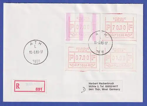 Belgien FRAMA-ATM P3036 mit ENDSTREIFEN auf R-Brief ATH vom 10.3.1983