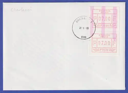 Belgien FRAMA-ATM P3039 ENDSTREIFEN-Anfang über 2 ATM auf FDC CHARLEROI 31.1.83