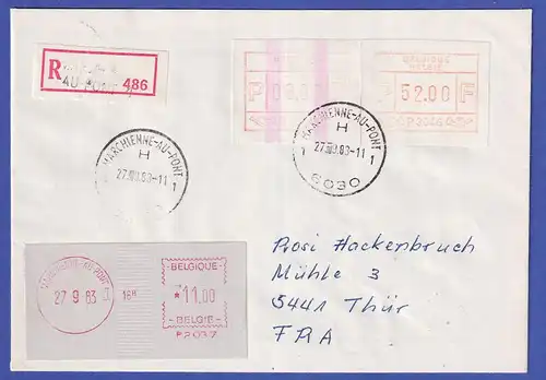 Belgien FRAMA-ATM P3046 mit ENDSTREIFEN auf R-Brief MARCHIENNE-AU-PONT  27.9.83