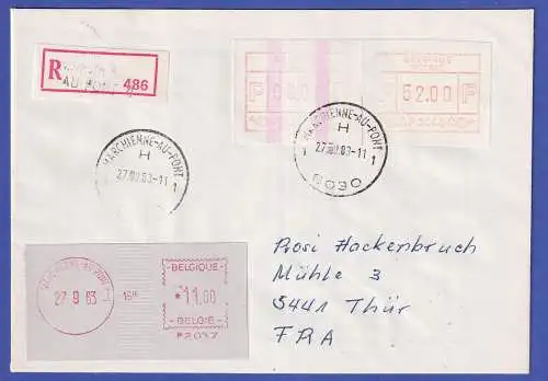 Belgien FRAMA-ATM P3046 mit ENDSTREIFEN  auf R-Brief MARCHIENNE-AU-PONT 27.9.83