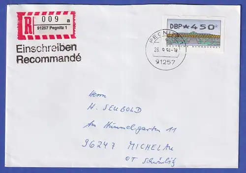 ATM Sanssouci Mi.-Nr. 2.2.1 Wert 450 auf R-Brief aus PEGNITZ nach Michelau