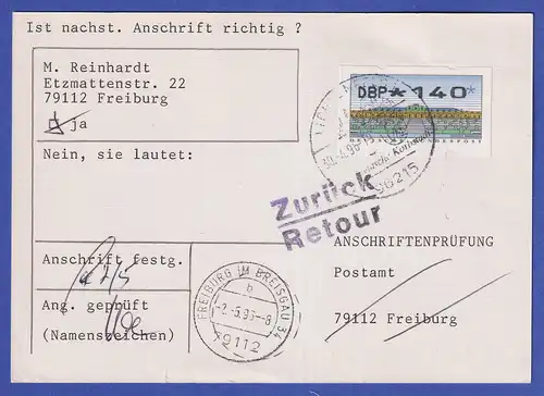 ATM Sanssouci Mi.-Nr. 2.2.1 Wert 140 auf Anschriftenprüfung, O LICHTENFELS 1996