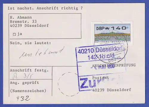 ATM Sanssouci Mi.-Nr. 2.2.1 Wert 140 auf Anschriftenprüfung O LICHTENFELS 1996