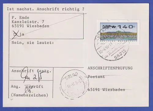 ATM Sanssouci Mi.-Nr. 2.2.1 Wert 140 auf Anschriftenprüfung O LICHTENFELS, 1996
