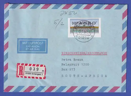 ATM Sanssouci Mi.-Nr. 2.2.1 Wert 650 auf R-Brief aus Erlangen n. Südafrika 1994