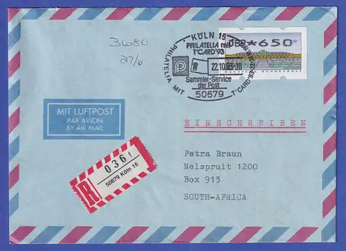 ATM Sanssouci Mi.-Nr. 2.2.1 Wert 650 auf R-Brief mit So.-O Köln nach RSA 1993