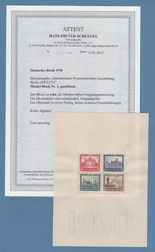 Deutsches Reich Blockausgabe IPOSTA 1930, postfrisch mit Fotoattest Schlegel BPP