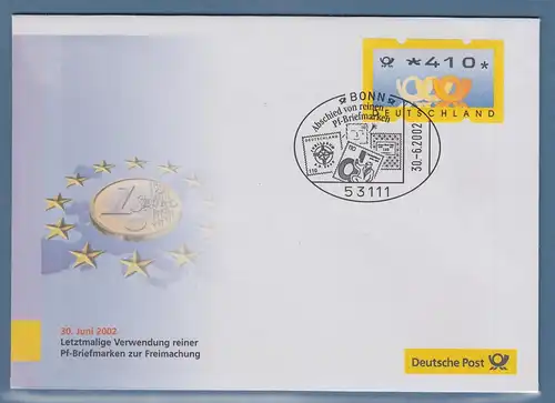 Deutschland ATM Mi.-Nr. 3.3 hoher Wert 410 auf Schmuckbrief mit O BONN 30.6.2002