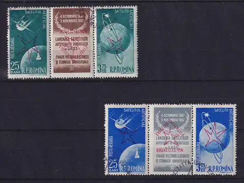 Rumänien 1957 Sputnik/Brüssel Mi.-Nr.1717-1720, 2 Zusammendruck-Dreierstreifen O