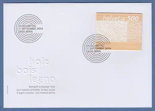 Schweiz 2004 Holz-Briefmarke Mi-Nr. 1889 auf offiziellem Ersttagsbrief FDC