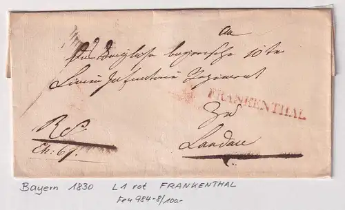 Bayern 1830 Vorphila-Brief mit Einzeiler FRANKENTHAL in rot