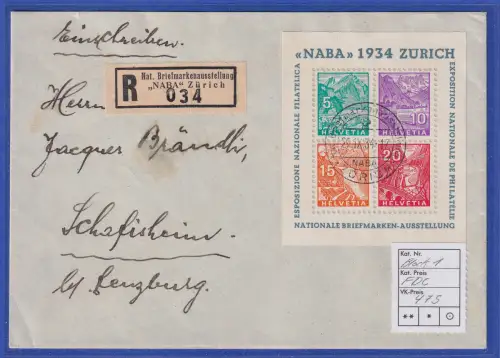 Schweiz 1934 NABA-Block  Mi.-Nr. Block 1 auf R-FDC 