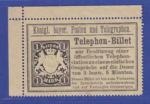 Bayern Telephon-Billet 1 Mark Mi.-Nr. 22 a ungebraucht (*)