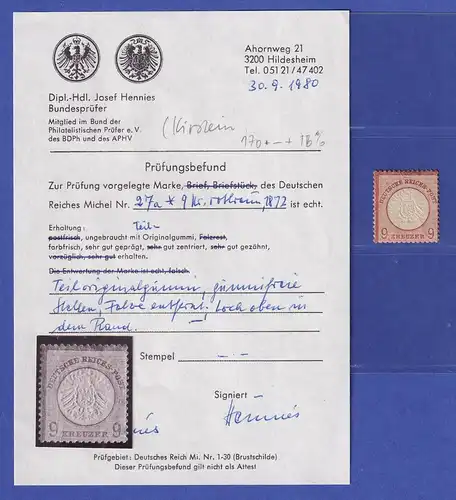 Dt. Reich gr. Brustschild 9 Kreuzer Mi.-Nr. 27 a ungebraucht * KB HENNIES BPP