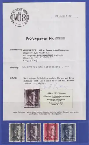 Österreich 1945 Grazer Lokal-Ausgabe Mi.-Nr. 693-696 II ** Attest STURZEIS VÖB