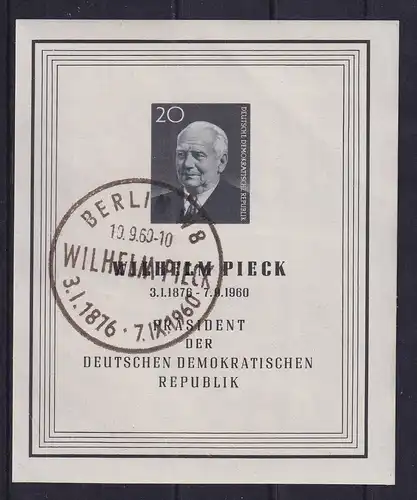 DDR 1960 Wilhelm Pieck-Block Mi-Nr. Block 16 mit Sonder-O BERLIN W8 10.9.60