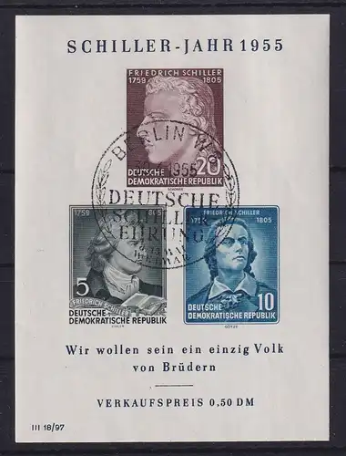 DDR 1955 Blockausgabe Friedrich Schiller Mi.-Nr. Block 12 mit Sonder-O BERLIN