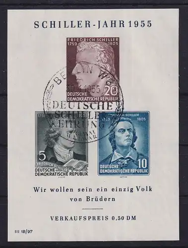 DDR 1955 Blockausgabe Friedrich Schiller Mi-Nr. Block 12 mit Sonder-O BERLIN