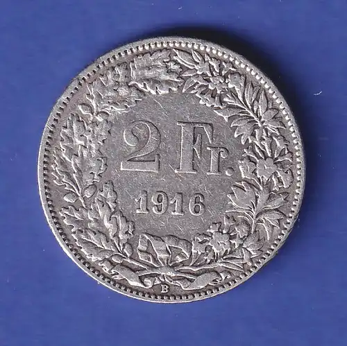 Schweiz Silbermünze 2 Franken Zweifränkler Helvetia Jahrgang 1916 B
