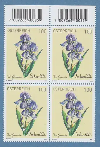 Österreich 2023 Treuebonus-Marke Schwertlilie Oberrand-Viererblock **