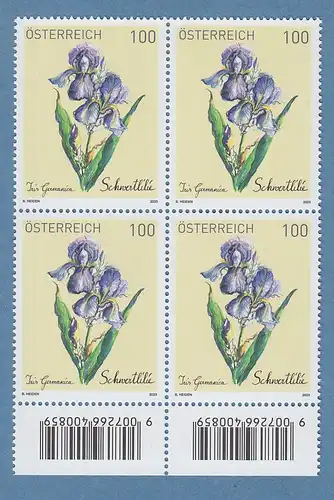 Österreich 2023 Treuebonus-Marke Schwertlilie Unterrand-Viererblock **