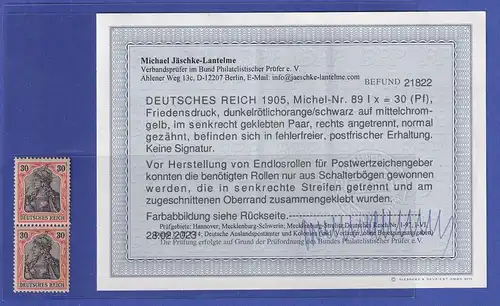 Dt. Reich Germania Friedensdr. Mi.-Nr. 89 I x senkr. Paar ** Befund JÄSCHKE BPP