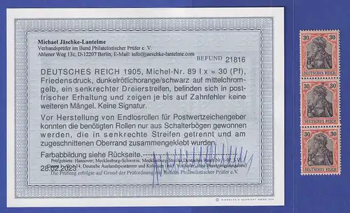 Dt. Reich Germania Friedensdruck Mi.-Nr. 89 I x Dreierstr. ** Befund JÄSCHKE BPP