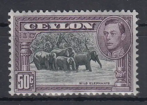 Sri Lanka Ceylon 1942 Freimarke 50 Cent Elefanten Mi.-Nr. 239 F  ** 