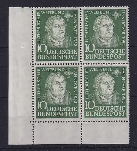 Bund 1952 Lutherischer Weltbund Mi.-Nr. 149 Eckrand-Viererblock UL postfrisch **