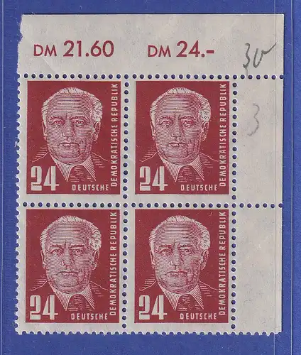 DDR 1950 Wilhelm Pieck 24 Pfg Mi.-Nr. 252 a Eckrandviererblock OR postfrisch **