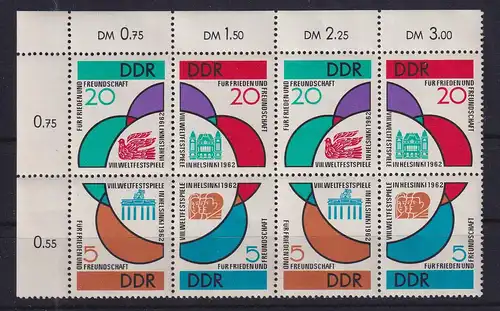 DDR 1962 Weltfestspiele Mi.-Nr. 901-904, 2 zusammenhängende Rand-Viererblocks **