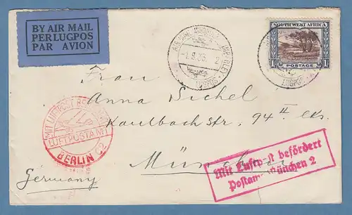 Südwestafrika SWA 1933 LP-Brief aus WINDHOEK gel. nach München an Anna Sichel 