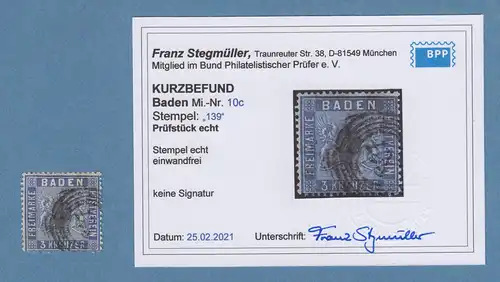 Baden 6 Kreuzer Mi.-Nr. 10c O mit 5-Ring 139,  gpr. mit Befund Stegmüller