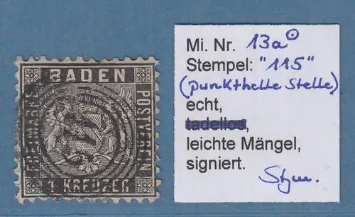 Baden 6 Kreuzer Mi.-Nr. 13a mit 5-Ring Stempel 115 Rastatt gpr. Stegmüller 