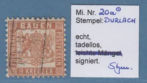 Baden 9 Kreuzer Mi.-Nr. 20a mit Stempel DURLACH, gpr. Stegmüller 