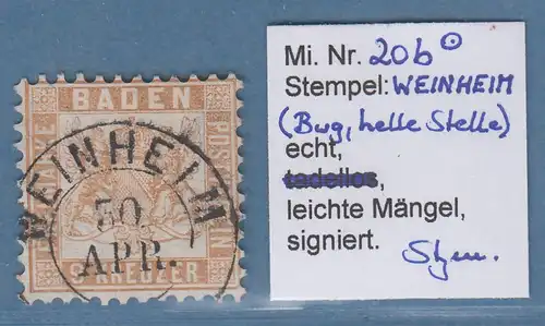 Baden 9 Kreuzer Mi.-Nr. 20b mit Stempel WEINHEIM, gpr. Stegmüller  