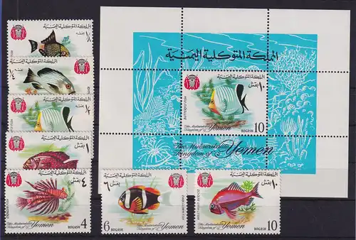 Jemen Königreich 1967 Fische Mi.-Nr. 323-329 A und Block 39 postfrisch ** 
