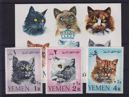 Jemen Königreich 1967 Katzen Mi.-Nr. 338-340 und Block 42 postfrisch ** 