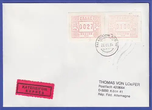 Griechenland: Frama-ATM 1. Ausgabe 1984, Nr. 001 Werte 0027 / 0100 FDC O Rhodos