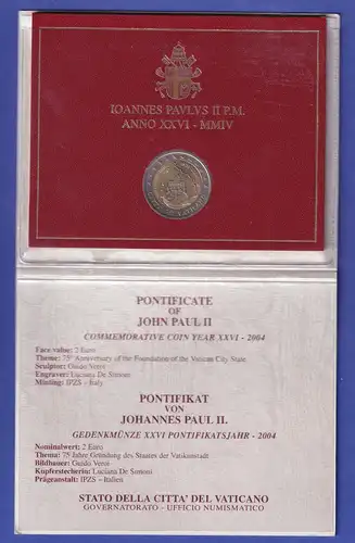 Vatikan 2 Euro Gedenkmünze 2004 - 75 Jahre Vatikanstadt im Folder