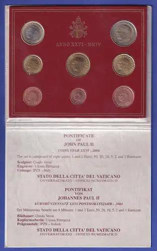 Vatikan Euro-Kursmünzensatz 2004 Papst Johannes Paul II. 8 Münzen im Folder