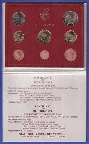 Vatikan Euro-Kursmünzensatz 2008 Papst Benedikt XVI. 8 Münzen im Folder