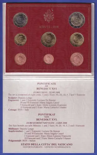 Vatikan Euro-Kursmünzensatz 2008 Papst Benedikt XVI. 8 Münzen im Folder