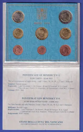 Vatikan Euro-Kursmünzensatz 2012 Papst Benedikt XVI. 8 Münzen im Folder