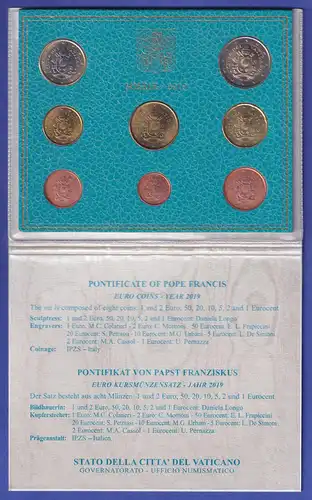 Vatikan Euro-Kursmünzensatz 2019 Papst Franziskus 8 Münzen im Folder
