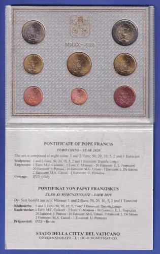 Vatikan Euro-Kursmünzensatz 2020 Papst Franziskus 8 Münzen im Folder