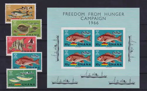 Ghana 1966 Fische und Schiffe  Mi.-Nr. 261-65A + Block 21 kpl. ** / MNH